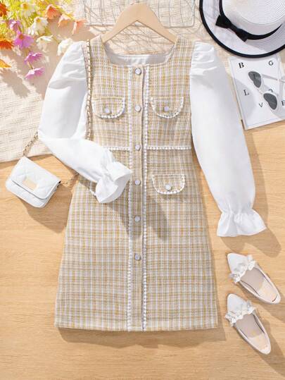 Vestido Tufado De Tweed Com Mangas Puff Contrastantes Para Menina Adolescente