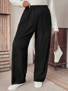 Plus Size Solid Color Elastic Waist Pants - Black - View 6