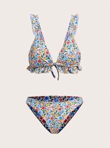 Swim Mod Ditsy Floral Print Ruffle Trim Summer Beach Bikini Set - Multicolor - View 3