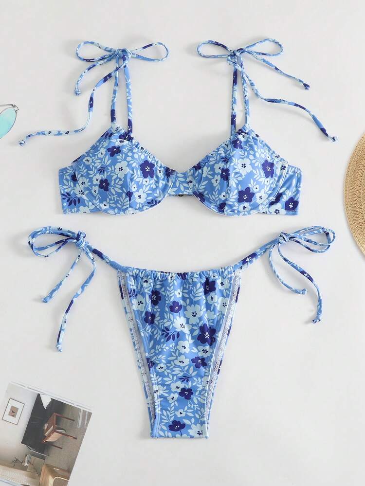 Summer Random Floral Print Knot Side Bikini Set