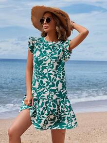 SHEIN VCAY Vestido Con Estampado De Hojas Y Dobladillo Con Volantes - Verde - Ver 3