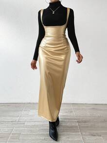 SHEIN Privé 女士金屬吊帶連身裙 - 金色 - 查看 5