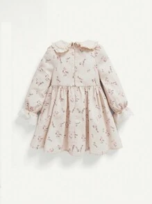 Cozy Pixies Baby Girls' Peter Pan Collar Long Sleeve Floral Printed Dress With Ruffle Hem