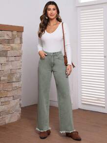 SHEIN LUNE 有磨損邊緣處理的牛仔褲 - 綠色 - 查看 1