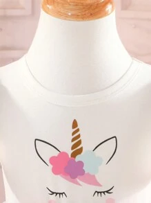 女宝宝独角兽彩虹印花网眼公主裙（带短袖） - 白色 - 查看 4