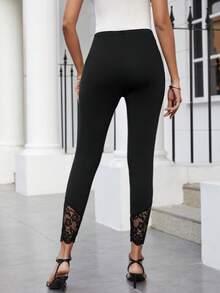 SHEIN Clasi Solid Color Lace Patchwork Leggings - Black - View 2