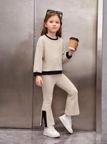 SHEIN 年輕女孩彩塊圓領長袖肋紋荷葉邊t卹和喇叭褲套裝 - 杏色 - 查看 5