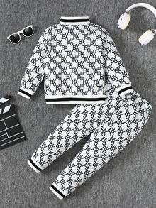 SHEIN 男童优雅户外字母印花拉链前开襟夹克和裤子套装 - 白色 - 查看 2
