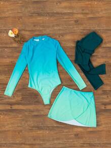 Swim Shayni Summer Beach Long Sleeve Ombre One-Piece Swimsuit With Matching Wrap Skirt And Swim Bottoms Arabic Clothing - Multicolor - View 4