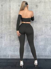 SHEIN SXY Asymmetric Hemline, Off-shoulder Top & Leggings Two Piece Set With Stitched Edge Detail - Black - View 2