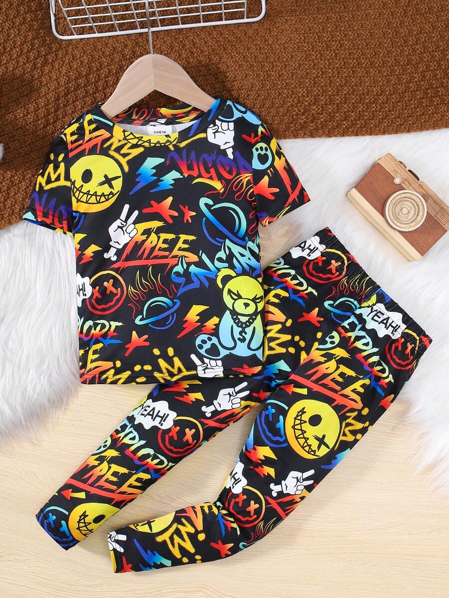 SHEIN Chàng trai trẻ Giải trí Vòng cổ Áo thun Và Quần Vừa Khít Nhà Mặc - màu đen - Xem 1