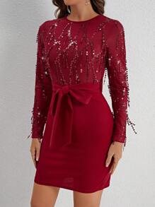 SHEIN Clasi 閃亮流蘇腰帶裝飾連身裙 - 紅色 - 查看 6