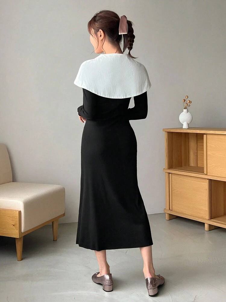 Color Block Bow Decorated Long Sleeve Dress,Fall Clothes Maxi Dress