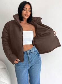 EURMUSE Zip Up Drop Shoulder Puffer Coat - Brown - View 3
