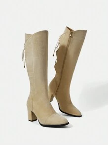 SheIn SXY 杏色開背綁帶側拉鍊高跟過膝靴 - 杏色 - 查看 1