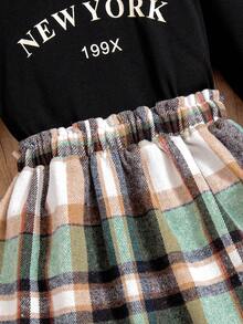 SHEIN 女童字母印花t卹+格紋a字裙套裝 - 黑色 - 查看 5