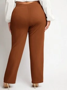 SHEIN SXY Plus Size Women Solid Color Toothpick Stripe Design Casual Straight Leg Pants - Brown - View 2