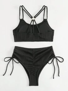 SHEIN Swim סט ביקיני מופרד עם שרוך לנשים עם דפוס צלעות קיץ ביץ' - שחור - ראה 4