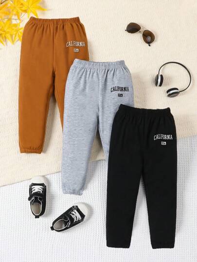 3pcs Set Young Boys' Casual Pants With Letter Print, Soft Knit Comfortable Sports College Style Trousers, Suitable For Spring, Summer, Autumn, Winter Outdoor Activities, School, Jogging, Cycling, Parties, Gatherings, Vacations And Daily Wear