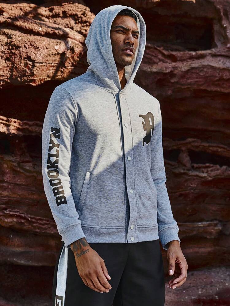 Men's Letter Printed Hooded Sports Jacket Workout Tops Sports Jacket