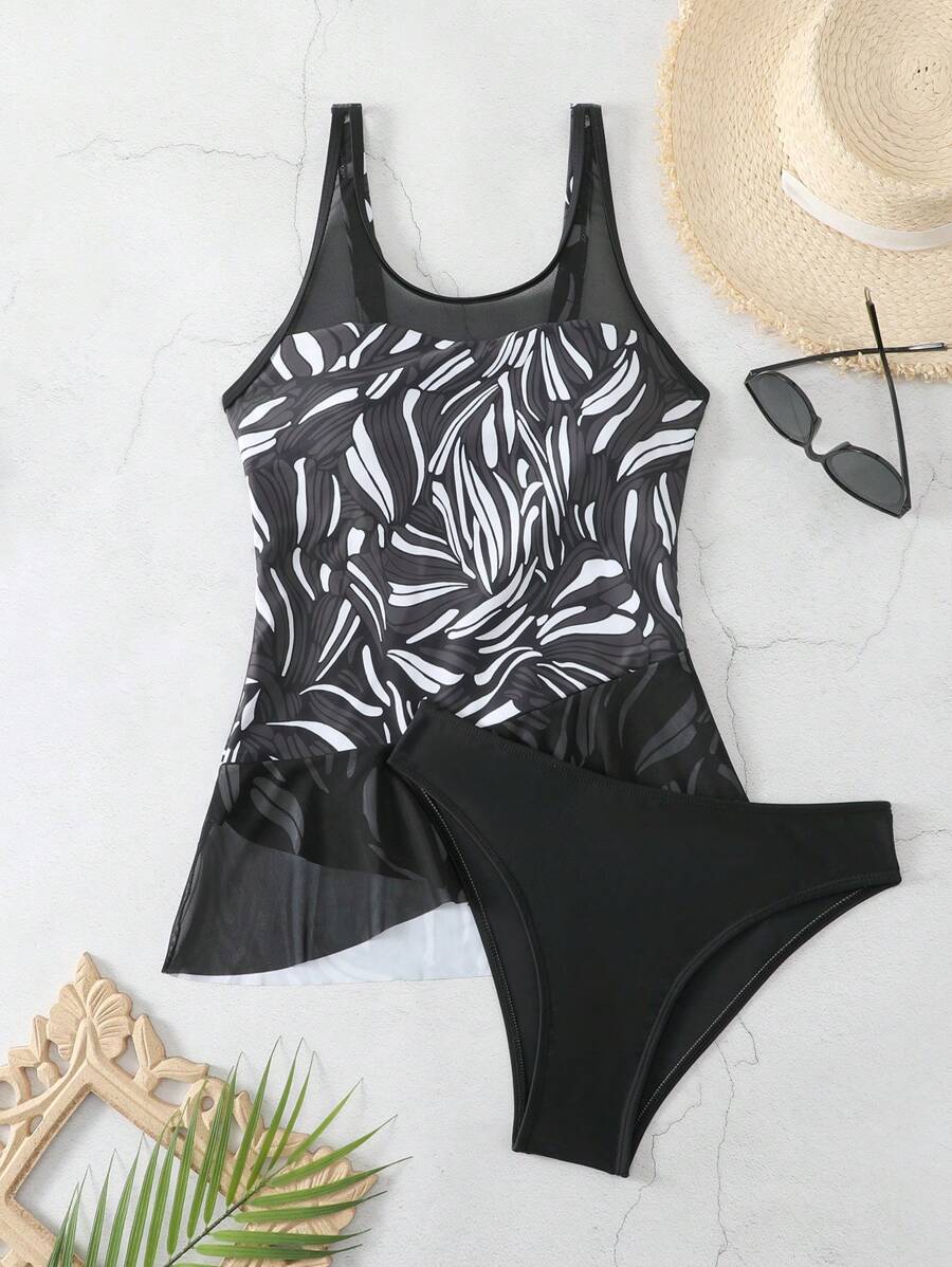 SHEIN Swim Đồ họa in họa tiết mùa hè Tankini lưới tương phản - Nhiều màu - Xem 1