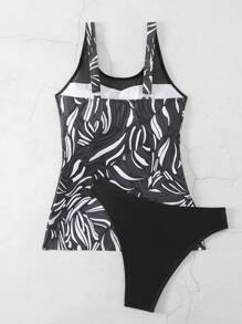 SHEIN Swim Đồ họa in họa tiết mùa hè Tankini lưới tương phản - Nhiều màu - Xem 2