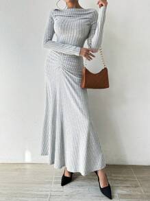 Chiquease Grey Knit Ribbed Pleated Long Sleeve Dress Fall Cloth For Women - Grey - View 6
