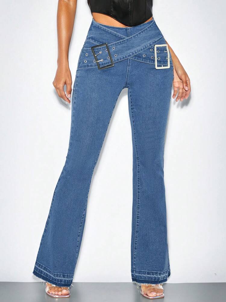Stretch Skinny Blue Bootcut Jeans With Metal Double Belt Buckle