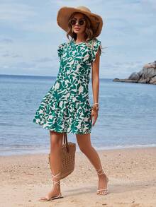 SHEIN VCAY Vestido Con Estampado De Hojas Y Dobladillo Con Volantes - Verde - Ver 6