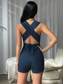 SHEIN Essnce Solid Color Deep V-Neck Hollow Out Back Romper - Navy Blue - View 2