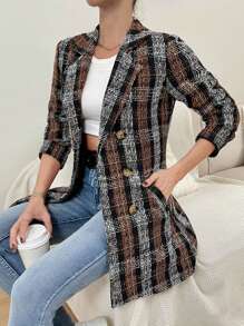 EURMUSE Plaid Pattern Double Breasted Lapel Neck Overcoat - Multicolor - View 1