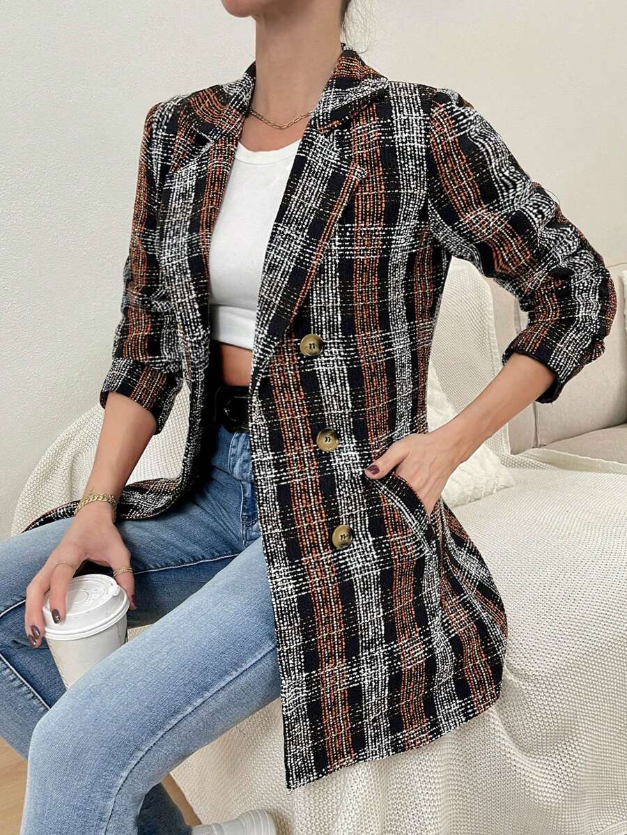EURMUSE Plaid Pattern Double Breasted Lapel Neck Overcoat - Multicolor - View 1