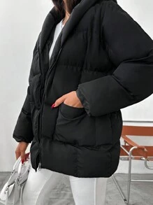 EURMUSE Solid Zip Up Hooded Puffer Coat - Black - View 3