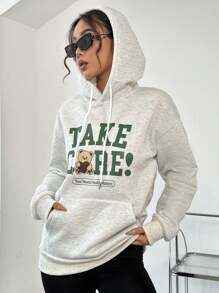 SHEIN Unity Cartoon & Slogan Print Kangaroo Pocket Hoodie - Grey - View 1