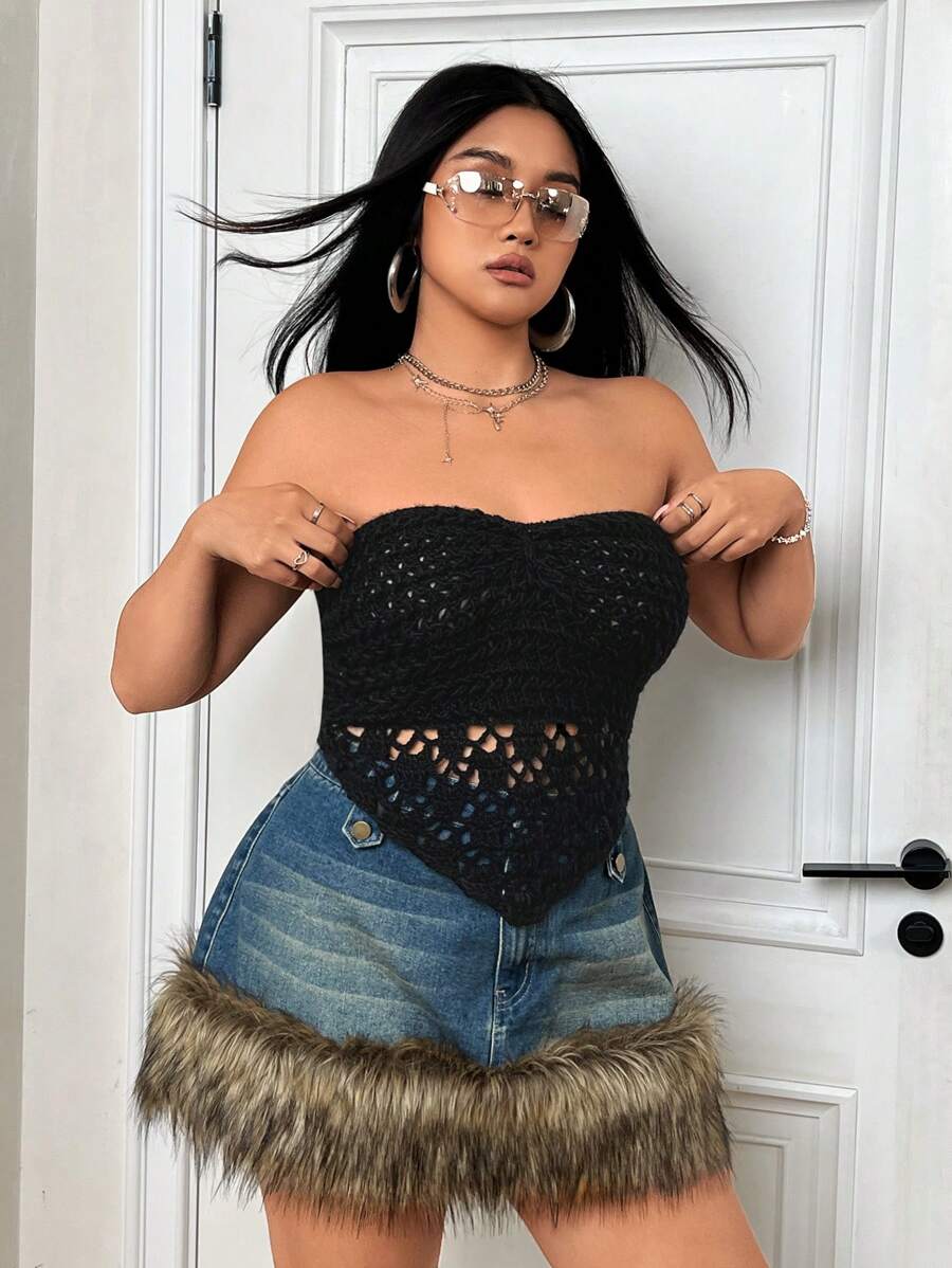 SHEIN ICON 大尺碼空心針織上衣 - 黑色 - 查看 1