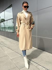 RueChic Floral Print Drop Shoulder Slant Pocket Trench Coat - Beige - View 4