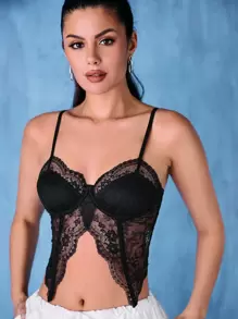 SHEIN BAE Lace Splice Asymmetrical Hem Camisole - Black - View 3