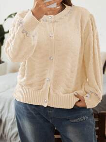 Flirla Plus Size Women's Beaded Decor Hollow Out Cardigan With A Graceful Elegant - Apricot - View 6