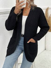 SHEIN LUNE 休閒拼接口袋開襟羊毛衫 - 黑色 - 查看 6