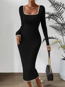 SHEIN Privé 女士高領修身針織毛衣連衣裙 - 黑色 - 查看 1