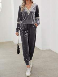 EMERY ROSE Của phụ nữ Nhung Áo Và Quần Hai chiếc Bộ Với Tay áo dài - Màu xám đen - Xem 1