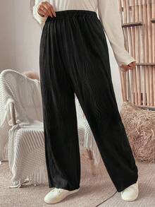 Plus Size Solid Color Elastic Waist Pants - Black - View 3