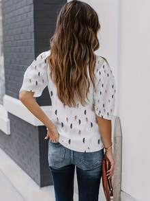 Feather Patterned Short Sleeve Round Neck Casual Top - White - View 2