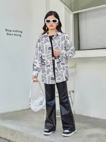 SHEIN Tween Girls' Loose Fit Newspaper Print Casual Shirt - Black and White - View 3