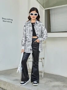 SHEIN Tween Girls' Loose Fit Newspaper Print Casual Shirt - Black and White - View 6