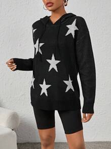 SHEIN EZwear Women's Starry Patterned Long Sleeve Hooded Sweater - Black - View 3