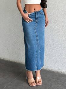 SHEIN Cottnline High Waisted Denim Skirt With Frayed Hem - Blue - View 5