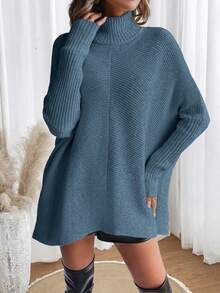 EMERY ROSE Casual High Neck Batwing Sleeve Sweater - Dusty Blue - View 7