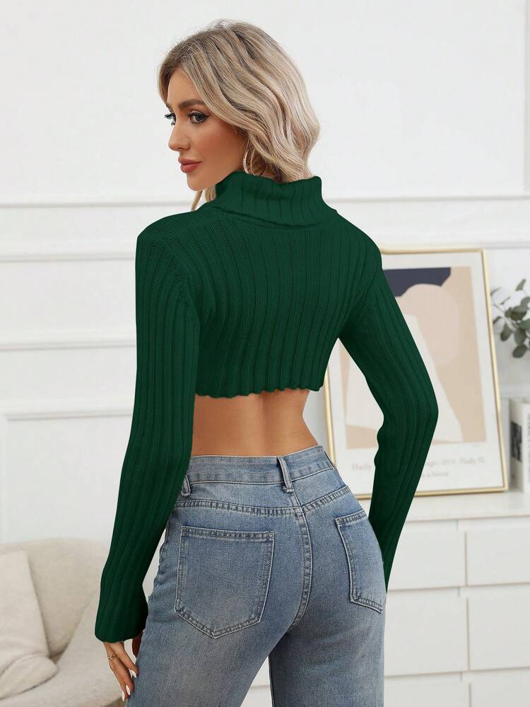 Solid Color High Neck Asymmetric Hem Crop Sweater