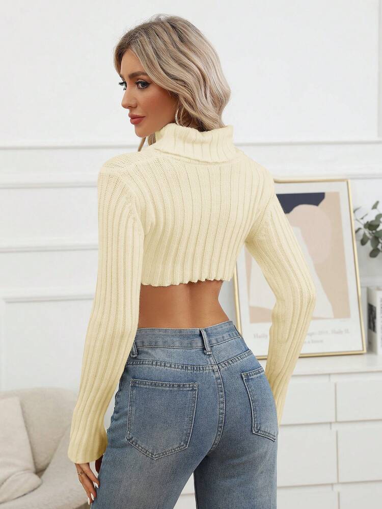 Solid Color High-Neck Asymmetrical Hem Cropped Sweater